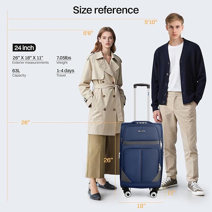 24'' Softside Expandable 15% Rolling Luggage with Double Spinner Wheels & w/LOCK,Lightweight Travel Luggage for Men Women（Navy-Grey,24in）