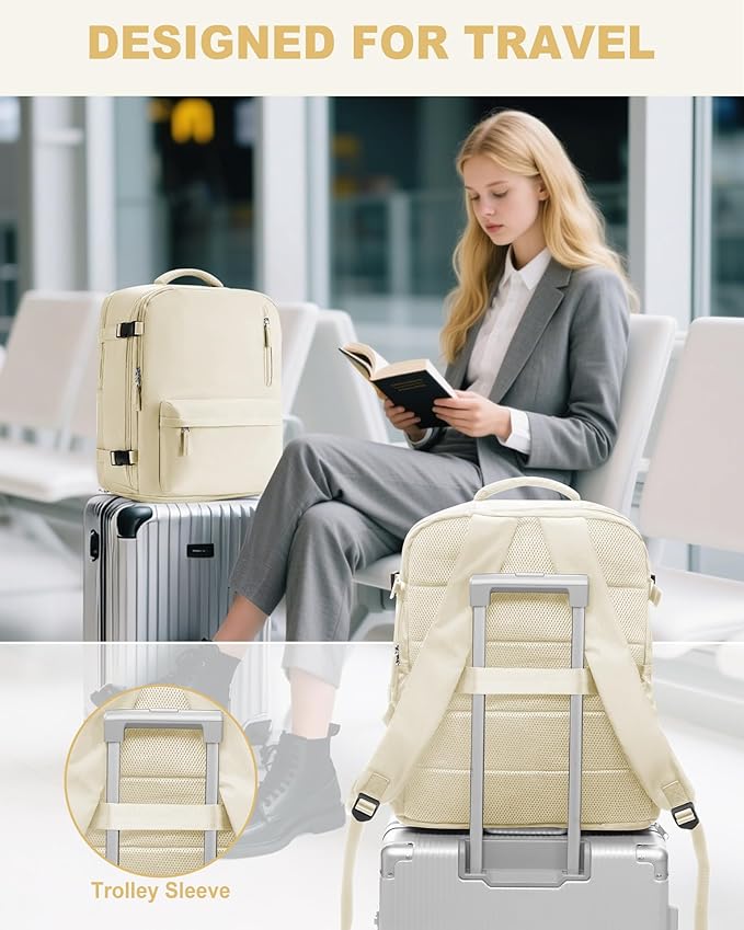VECAVE Travel Backpack for Women, Airline Flight Approved Carry On Backpacks Waterproof 14 Inch Laptop Backpack with Shoe Compartment Casual Daypack Beige