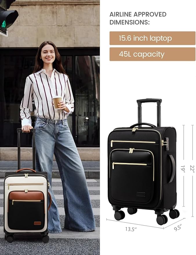 LOVEVOOK Carry on Suitcase 22x14x9 Airline Approved,20 inch Lightweight Waterproof Suitcases with 360° silent swivel wheels, TSA Lock and Compartment, Large Capacity travel Suitcase Black