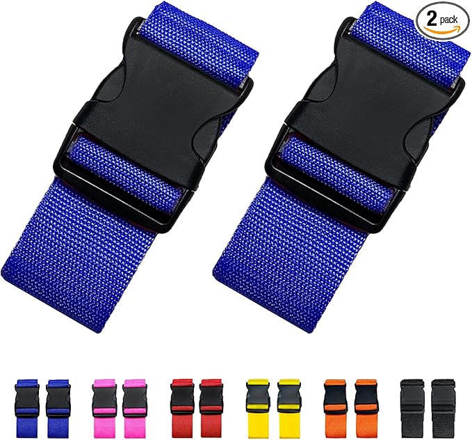 2 Pack Suitcase Straps, Bright Color Adjustable Luggage Belts, TSA Approved (Blue)