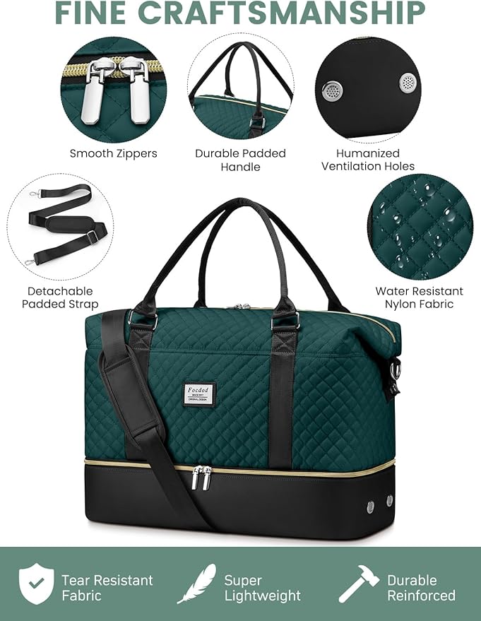 Travel Weekender Duffle Bags for Women: Overnight Bags with Shoe Compartment Large Carry on Weekend Bag with Toiletry Bag & Wet Pocket Tote Duffel Hospital Bag for Women Labor Delivery Black Green