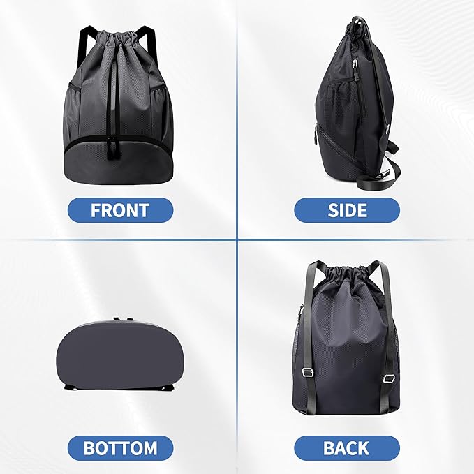 Drawstring Backpack Gym Bag with Shoes Compartment for Soccer, Basketball, Swim, Water-Resistant String Backpack Beach Cinch for Women Men, Dark Grey