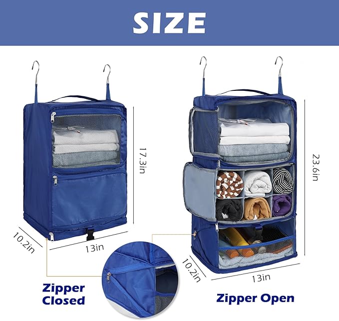 Surblue Hanging Shelves Travel Storage Bag Compression Packing Cube for Suitcase Collapsible with Extension Layer Large Capacity, Blue,XL