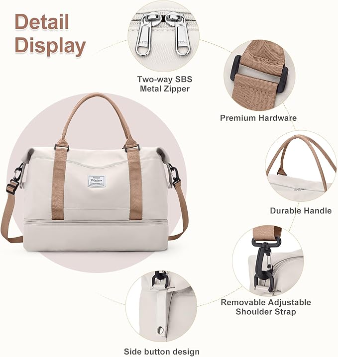 Large Weekender Bags for Women, Travel Duffel Bag with Shoe Compartment,Personal Item Travel Carry on Overnight Bag for Women Travel Set,Beige & Brown