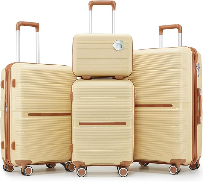 4 Piece Expandable Hardshell Pink Luggage Sets with Spinner Wheels, Lightweight Travel Suitcase Set with TSA Locks, 20 inch Carry On for Women (Apricot, 4 Piece Set)