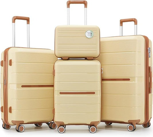 4 Piece Expandable Hardshell Pink Luggage Sets with Spinner Wheels, Lightweight Travel Suitcase Set with TSA Locks, 20 inch Carry On for Women (Apricot, 4 Piece Set)