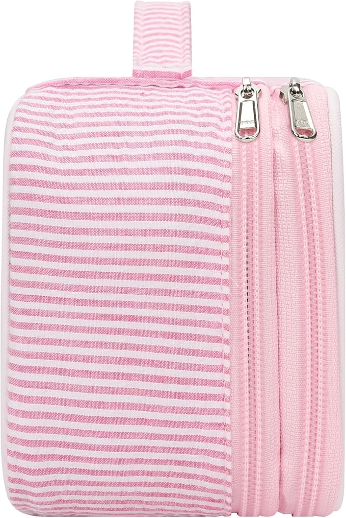 Relavel Cute Makeup Bag for Girls, Portable Pink Cosmetic Bag, Dual-layer Makeup Pouch with Brush Holder, Multi-Functional Preppy Toiletry Organizer for Travel, Daily Use - Pink Strip