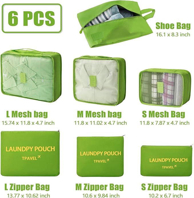 7 Set Packing Cubes for Travel Luggage Packing Bags Reusable Waterproof Suitcase Organizer Bags Set with Shoe Bag and Toiletry Bag (Green)