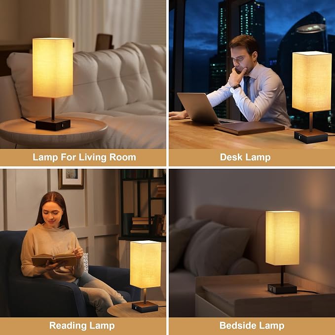 Bedside Table Lamp for Bedroom with 2 USB Ports, 14-Inch, Beige | USB A+C Ports, Touch 3-Way Dimmable LED Bulb Included Fabric Lampshade Metal Base Small Nightstand Lamp for Desk Living Room