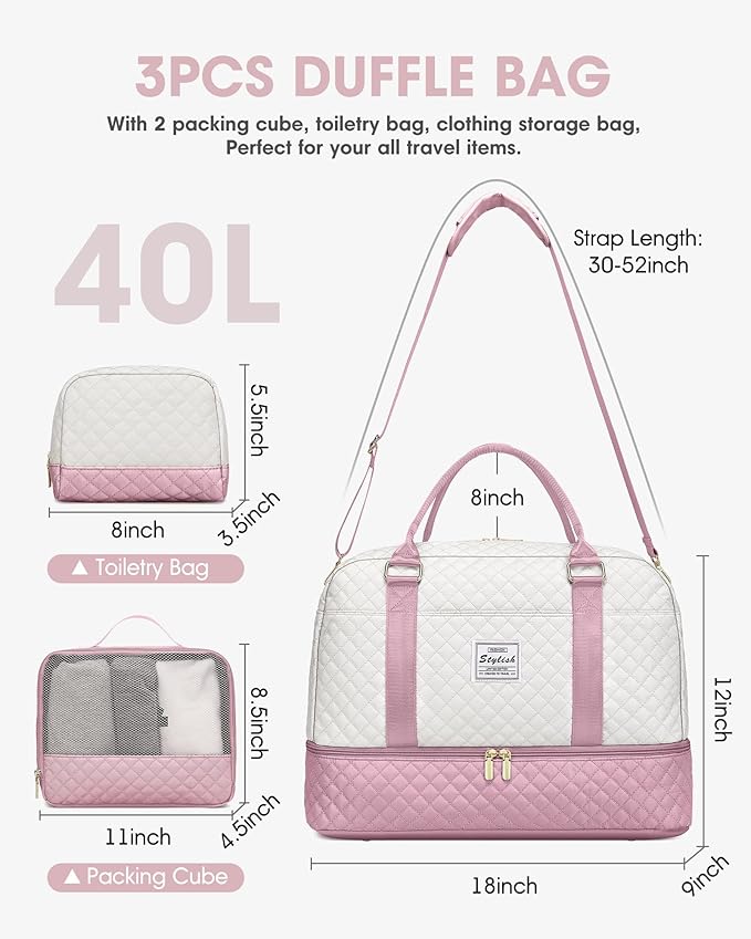 Weekender Travel Duffle Bag for Women: Overnight Bags with Shoe Compartment Carry on duffel Bag for Airplanes with 2 PCS Toiletry Bags Weekend Yoga Gym Hospital Bags with Wet Pocket Beige Pink