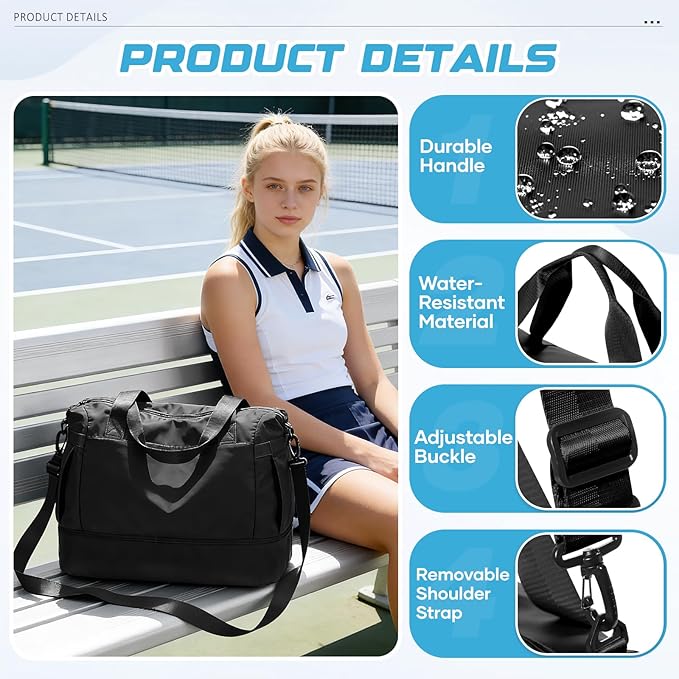 Small Black Gym Duffle Bag for Women Men with Shoe Compartment, Mini Cute Weekender Handbag Carry on Travel Bag for Airplane, Water Resistant Sports Yoga Tote Bag with Dry Wet Separated Pocket.