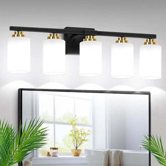 VerRon 5-Light Bathroom Light Fixtures, 31" Black & Gold Vanity Lights | Bathroom Vanity Lights Over Mirror with Milky White Glass Shade, Wall Lamp for Mirror Living Room Bedroom Cabinet Porch