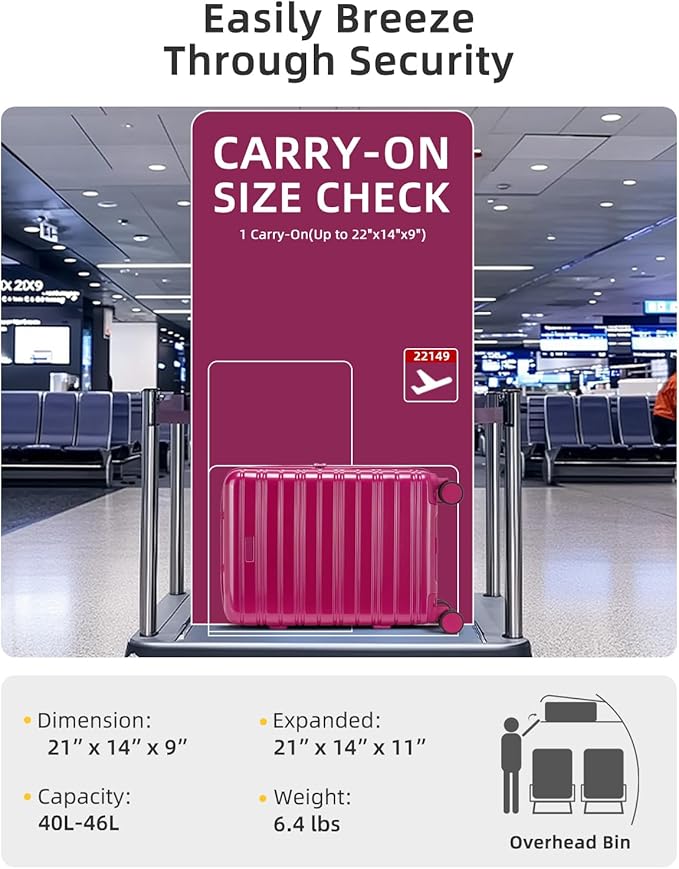 LARVENDER Carry On Luggage 22x14x9 Airline Approved, 20 Inch Expandable PC+ABS Hardside Suitcase Carry On Luggage with Spinner Wheels TSA Lock for Women Men (Very Berry)