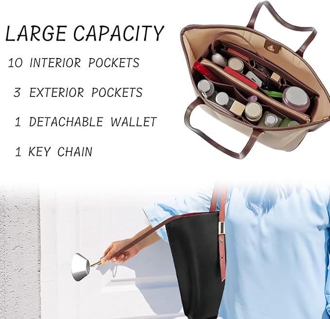 DailyPlus Felt Bag Organizer Insert with Zipper and Key Chain for Tote Purse - Brown Small
