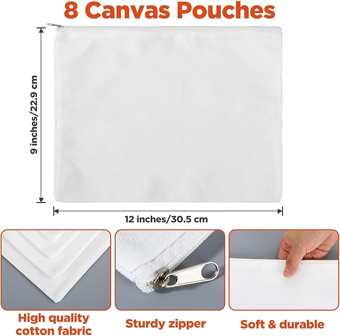 8 Pack Blank Canvas Makeup Bag, White 12 x 9 Inch Zipper Pouch Multipurpose Cosmetic Bag for DIY, Travel Organizer, Stationery Storage