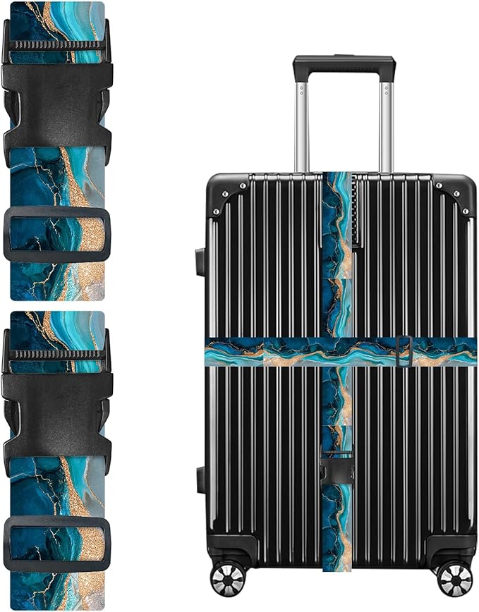 Nuxovilar Luggage Straps of 2 Set Blue & Gold Fluid Art Pattern, 1.96x90.5 inches - Luggage Straps for Suitcases, Nice for Art Lovers, Travel, Adventures