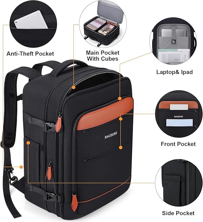 Bagsure Travel Backpack Carry On Backpack 42L Flight Approved, Expandable Laptop Backpack with Packing Cubes & Shoe Pocket, Water Resistant Luggage Backpack for Men Women, Large Backpack 20 * 14 * 7"