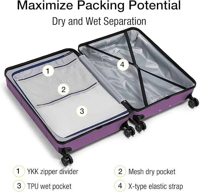 KYME Luggage Sets 3 Piece Hardshell 20"/24"/28" Suitcase with Wheels Hardside Suitcase Set with TSA Lock Large Travel Luggage Set for Women Dark Purple