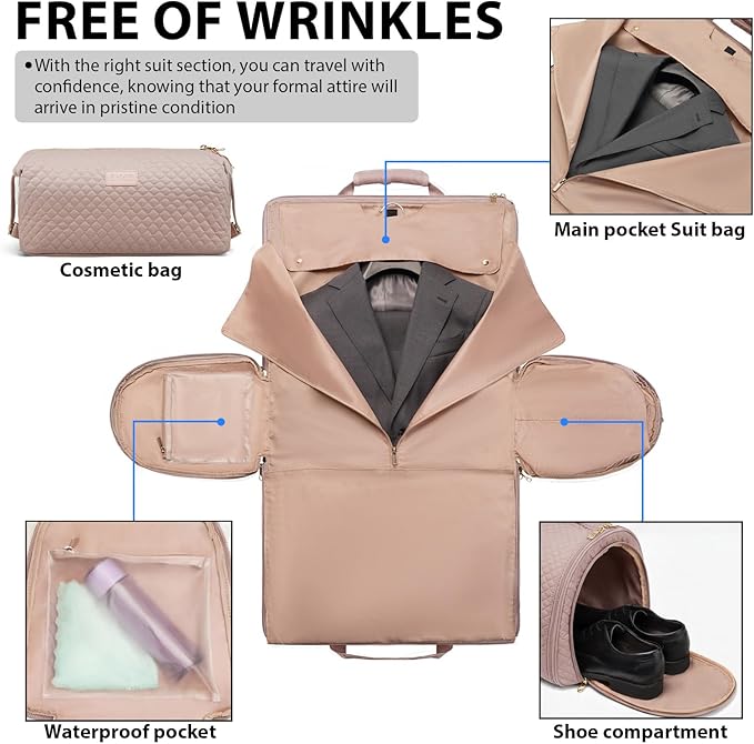 Coolife Garment Bag Carry On Convertible Travel Duffel Bag with Shoe Pouch Weekender Bag for Women Men 2 in 1 Hanging Suit Bag with Shoulder Strap Business Travel Bag (Pink, Standard)