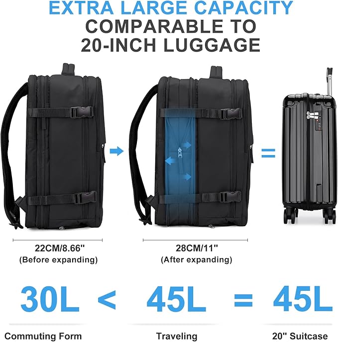 coowoz Large Travel Backpack For Women Men, Carry On Backpack,Hiking Backpack Waterproof Outdoor Sports Rucksack Casual Daypack Expandable Heavy Duty Extra large Backpack Black Expansion