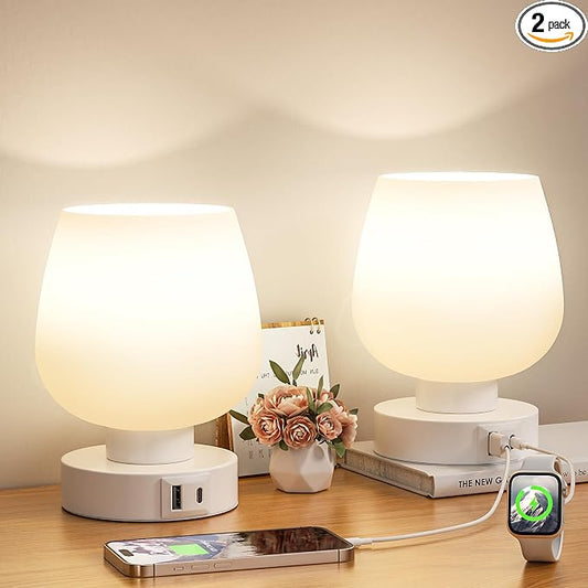 Seealle Touch Table Lamp for Nightstand Set of 2 - Bedside Lamp with USB C+A Charging Ports for Bedroom Living Room Night Stands, Desk Lamp with White Glass Shade for Small Spaces, 3 Way Dimmable