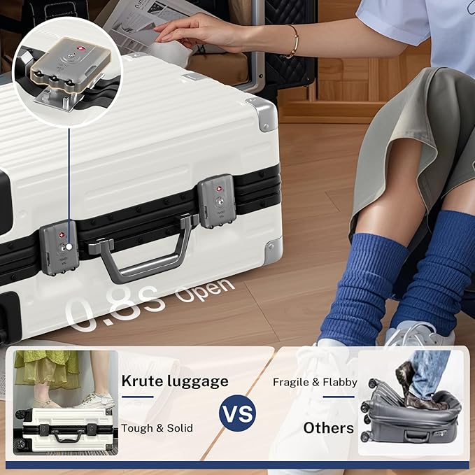 Krute Carry On Luggage 20 inch Aluminum Frame Luggage with Spinner Wheels Hardshell No Zipper PC+ABS TSA Lock Zipperless Suitcases