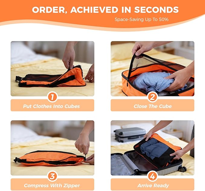 8-Piece Compression Packing Cubes for Travel, Bright & Lightweight Luggage Organizer System for Outdoor Travel & Adventure, Space Save for Backpack, Duffel Bag & Suitcase- Orange