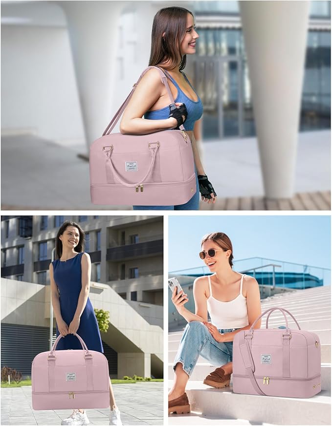 Weekender Travel Duffle Bag for Women: Overnight Bags with Shoe Compartment Carry on Bags for Airplanes with Toiletry Bag Weekend Yoga Gym Bag with Wet Pocket Travel Duffel Tote Bag Hospital Bag Pink