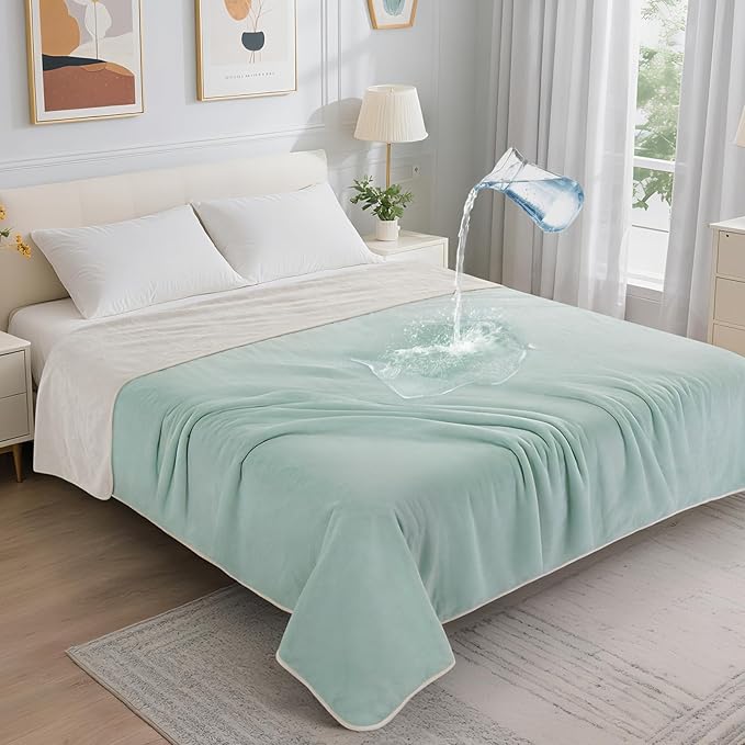 LOOBANI Waterproof Blanket for Bed: Reversible Soft Flannel Queen Bed Blanket 80" x 90", Waterproof Dog Blankets for Large Dogs, Spill-Proof Cover for Furniture Protection, Movie Time, Green