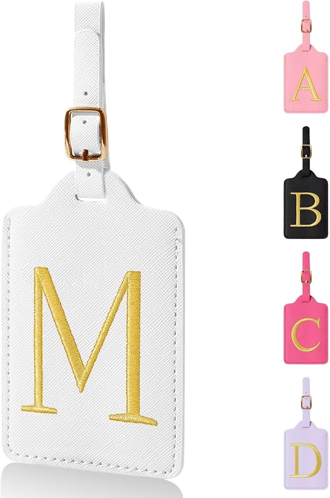 Personalized Initial Luggage Tags for Suitcases,Leather Letter Cute Luggage Tags with Privacy Name Card,Embroidered Monogrammed Travel Bag Backpack Tag Gifts for Women Kids Girls Teens(White-M)