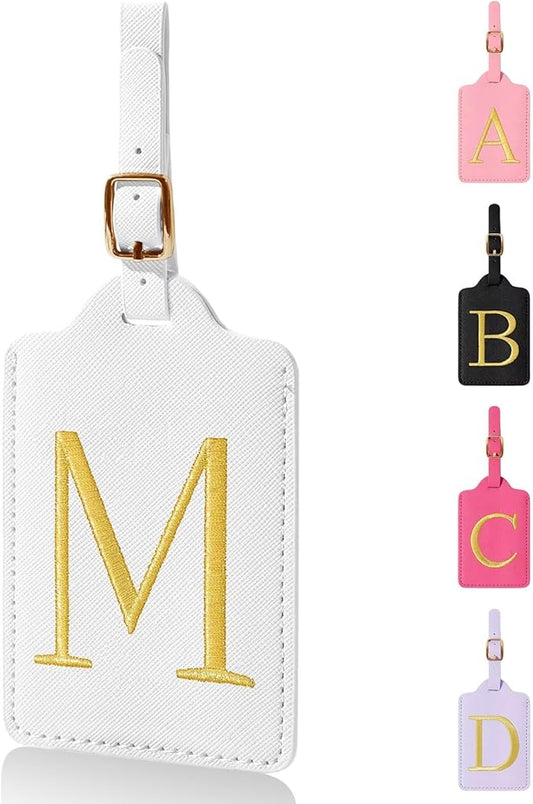 Personalized Initial Luggage Tags for Suitcases,Leather Letter Cute Luggage Tags with Privacy Name Card,Embroidered Monogrammed Travel Bag Backpack Tag Gifts for Women Kids Girls Teens(White-M)