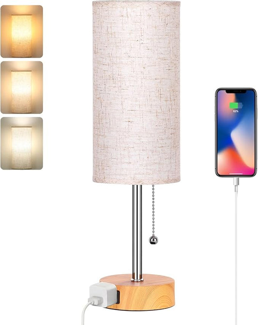 Dott Arts Table Lamp for Bedroom, 3-Color Bedside Lamps with Pull Chain | Bedroom Table Lamps for Nightstand,AC Outlet Small Lamp for Living Room, Bulb Included Oatmeal