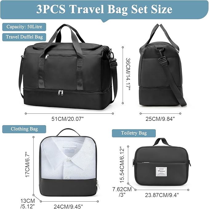 Large Travel Duffle Bag,Carry on Overnight Weekend Bag with Shoes Compartment,Weekender Bags for Women for Travel Business Trips Sport Hospital,3 Pcs Set,Black