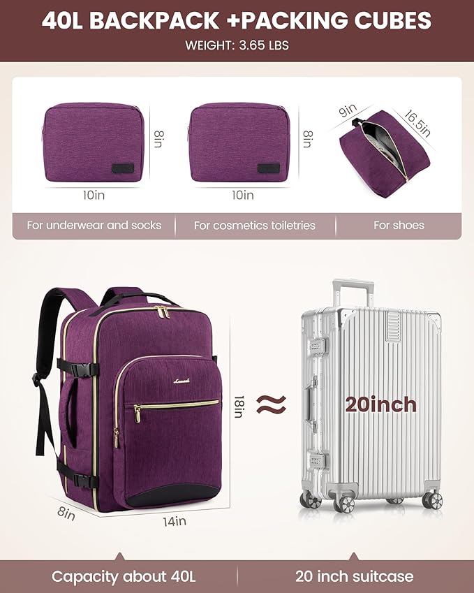 LOVEVOOK 40L Travel Backpack for Women Men,Waterproof Airline Approved Carry On Luggage Travel Essentials,TSA Carry On Backpack Personal Item Travel Bag Suitcase Weekender Traveling with Packing Cubes