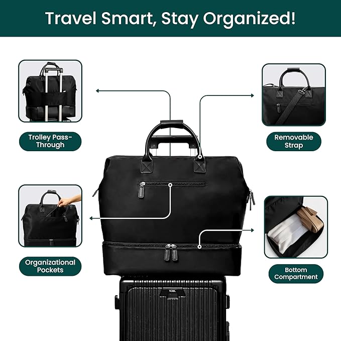 Nobl Travel Weekender Bag for Women & Men, Large Duffel Carry-On Tote with Trolley Sleeve, Separate Shoe Compartment & Laptop Pocket, Leather Overnight Bag for Airplane, Gym, Road Trips - Jet Black