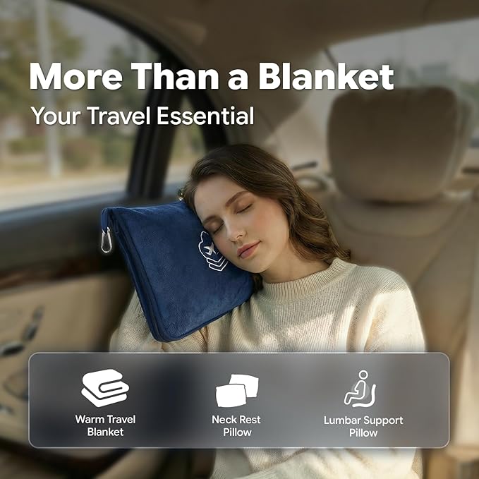 Travel Blanket, Soft 2-in-1 Airplane Blanket, 65x40 Inches, Travel Essentials Car Blanket with Luggage Sleeve & Backpack Clip (Navy Blue)