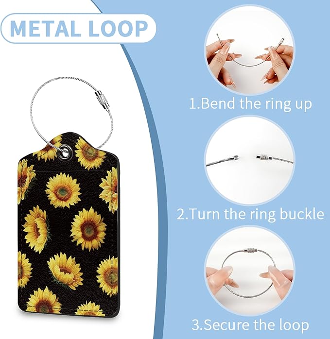 2 Pcs Luggage Tag for Suitcases, Cute Sunflower PU Leather Suitcase Tag Privacy Cover ID Label with Metal Loop, Personalized Baggage Identifier for Women Cruise Bag Travel Essentials Black