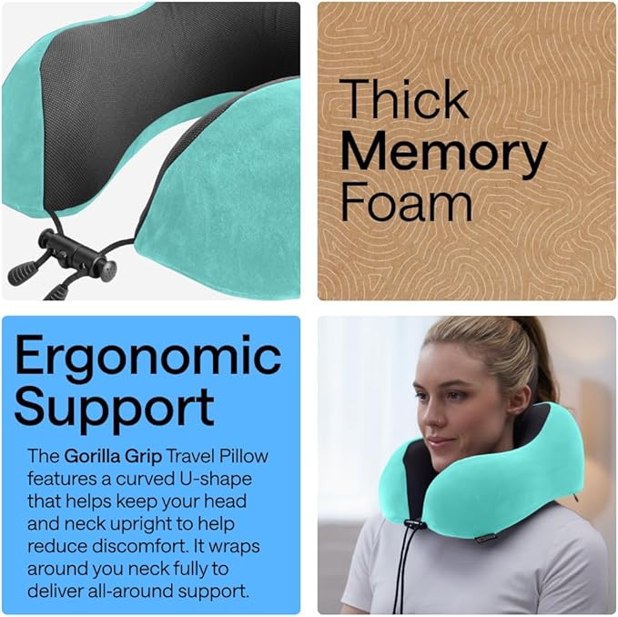 GORILLA GRIP Adjustable Travel Neck Pillow for Airplanes, CertiPUR-US® Memory Foam, Soft Velvet, Cooling Mesh Pillows, Support Headrest for Sleeping, Traveling Essentials, Flight Accessories Turquoise