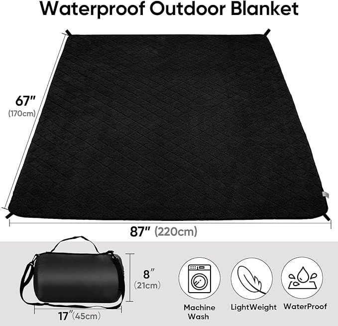 Northroad Waterproof Outdoor Blanket w/Sherpa Lining, Large Windproof Camping Blankets for Cold Weather, Light Weight and Warm for Stadium, Hiking, Dog, Picnic, Washable, 67”X 87” (Black, 1PCS)