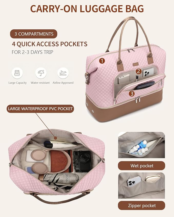 Duffle Bag for Women Travel, Weekender Bag Overnight Bag with Shoe Compartment, Carry on Bag with Crossbody Purse for Over Night, Weekend, Yoga, Gym, Business Trips, Hospital, Pink Brown