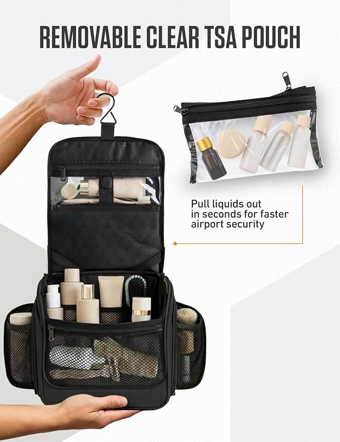 VENTURE 4TH Hanging Travel Toiletry Bag for Women & Men – Large Toiletry Organizer with 18 Compartments, Removable TSA Pouch, Travel Wash Bag for Toiletries, Makeup & Shaving Kit (Black)
