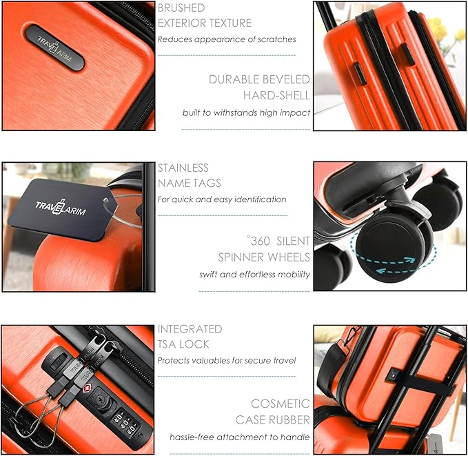 20 Inch Carry On Luggage 22x14x9 Airline Approved, Carry On Suitcase with Wheels, Hard-shell Carry-on Luggage, Durable Luggage Carry-On, Orange Small Suitcase with Cosmetic Bag