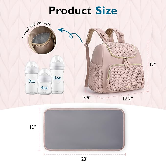 mommore Diaper Bag Backpack, Stylish Travel Baby Bag with Insulated Pockets, Changing Pad and Stroller Straps for Toddler (S-Pink, Small-17L)