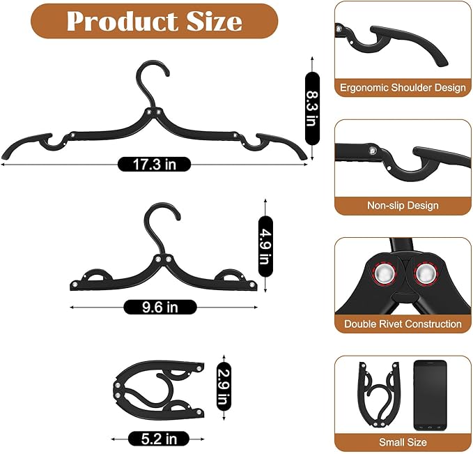 12 Pcs Portable Travel Hangers for Cruise Ship Essentials 2026, Plastic Folding Foldable Hangers Clothes Drying Rack Travel Accessories for Suitcase, RV, Camping, Flying, Hotel, Road Trip (Black)