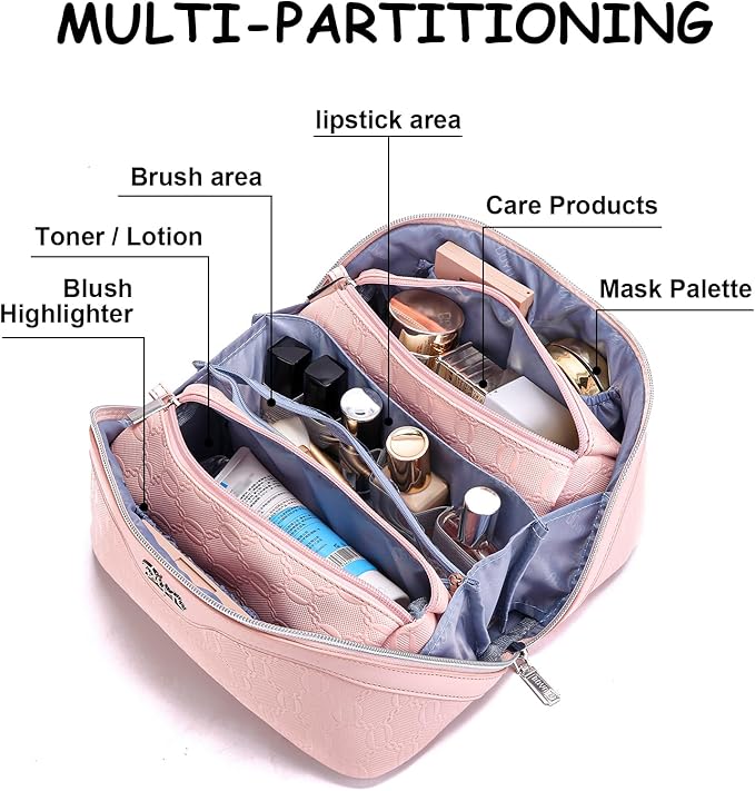 BOYATU Travel Makeup Bag for Women: Cosmetic Organizer Bag with Compartments - Leather Make up Bags Set of 3 (G-3-Pink)