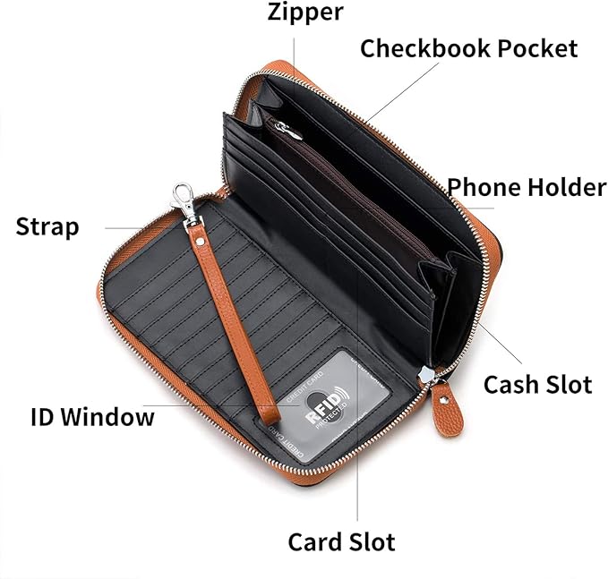 Moflycom Womens Wallet RFID Blocking Genuine Leather Multi Credit Card Large Capacity Zip Around Clutch Travel Purse Wristlet