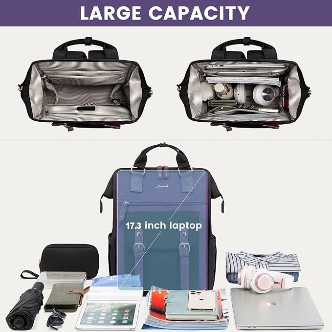 LOVEVOOK Laptop Backpack for Women Work Travel Backpack Commuter Business Computer Bag Teacher Doctor Nurse Bags College Backpack Purse, 17 Inch, Black-Purple-Purple