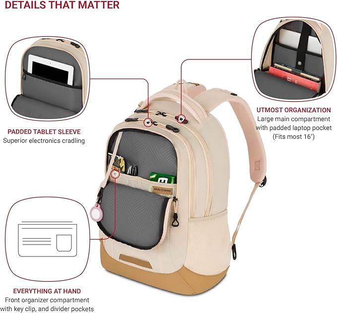 SWISSGEAR Cecil 18-Inch Laptop Backpack Fits 16-Inch Laptop, Travel Daypack with Organizer Pockets, Water Bottle Holders & Padded Straps – Cream/Warm Sand