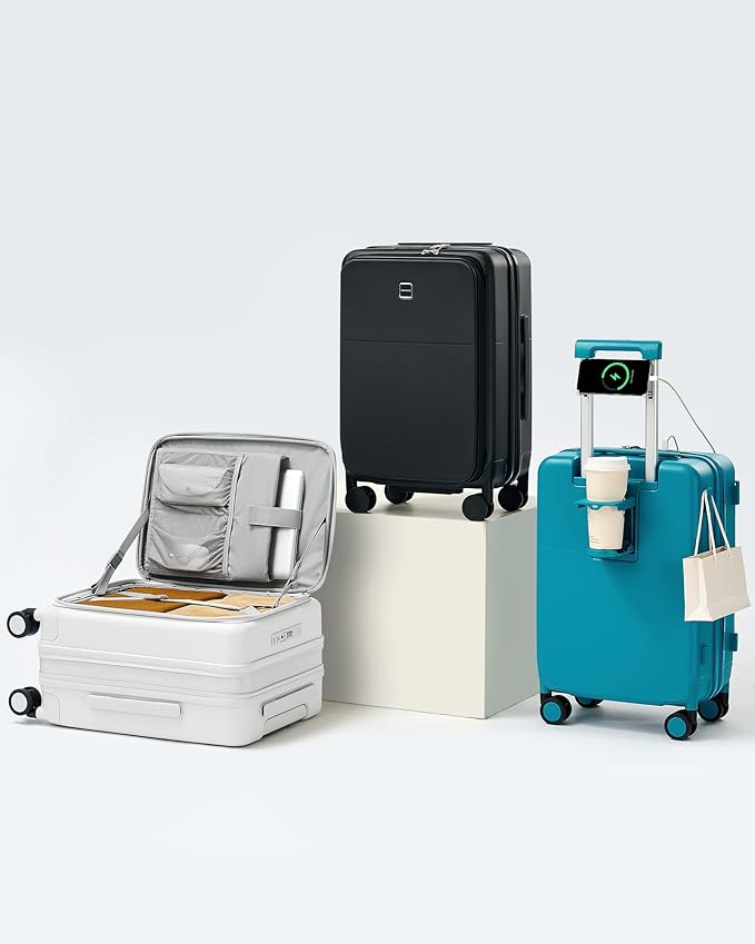 Hanke 20 Inch Expandable Carry On Luggage with Cup Holder 22x14x9 Airline Approved, Top Opening Hard Shell Suitcases with Wheels, Carry-On Travel Suitcase Trunk Luggage with Lock, Caribbean Blue