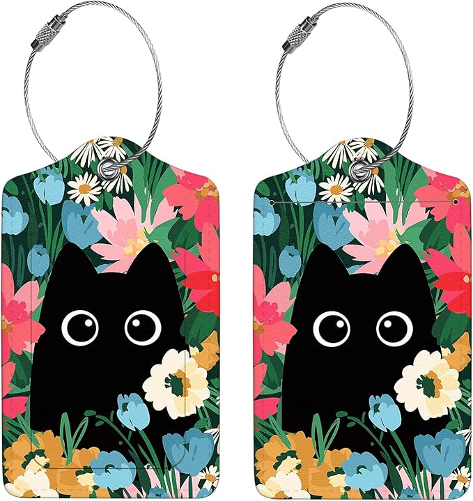 2 Pcs Luggage Tags for Suitcase, Cute Unique PU Leather Travel Bag Tag with Privacy Cover ID Label Address Card and Durable Metal Ring Suitable for Men Women Children Backpack,Flower and Black Cat